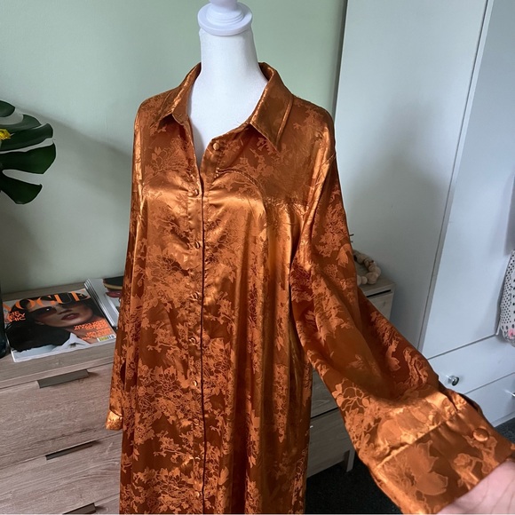 Dresses & Skirts - Metallic Copper Orange Floral Modest Long-Sleeve Button Down Shirt Flowy Dress